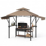 Garvee 8' × 5' Grill Gazebo with Dual Adjustable Awnings, 2-Tier Ventilated Canopy, Steel Frame, 2 Shelves & 7 Hooks, Khaki - Khaki