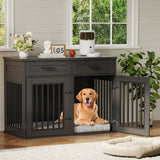 Garvee 44.5 Inch Large Dog Crate Furniture with 2 Storage Drawers,Wooden Dog Kennel Furniture As End Table, Decorative Pet Cage Dog House Indoor for Medium/Large Dogs, Chew-Proof - Black|Drawers