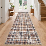 Garvee 2' × 8' Washable Tartan Plaid Runner Rug, Soft Non-Slip Low-Pile Stain-Resistant Non-Shedding Rug for Hallway and Kitchen, Camel - Beige Brown