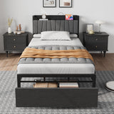 Garvee Industrial Twin Platform Bed Frame with Storage Headboard - Spacious Drawers - Built-in Charging Station with USB Ports - Black Relief Metal & Upholstered Headboard - No Box Spring Needed - Color: Black relief, Storage: as show, Power: T size, - Black