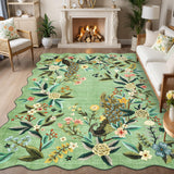 Garvee Scalloped Green Area Rug 8x10 - Floral Peacock Design, Washable & Non-Slip, Ultra Thin Soft Fabric, Stain Resistant, Large Farmhouse Style for Living Room Nursery - Green