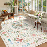 Garvee 10' × 13' Tiger Print Vintage Floral Area Rug, Machine Washable Non-Slip Low-Pile Soft Rug for Living Room, Bedroom & Dining Room, Beige - Beige