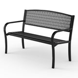 Garvee 50" Outdoor Metal Garden Bench, Weather-Resistant Steel Patio Bench with Curved Backrest, Decorative Pattern & Sturdy Alloy Steel Frame for Porch, Yard, Park, Deck & Backyard, Black - Black