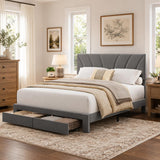 Garvee Queen Size Velvet Upholstered Bed Frame with 2 Storage Drawers, Padded Headboard, Wooden Slats Support, Easy Assembly, Grey, Modern Bedroom - Gray