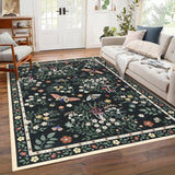 Garvee 8' × 10' Botanical Floral Area Rug, Washable Non-Slip Low-Pile Soft Rug for Living Room, Bedroom, Nursery & Entryway, Black - Black