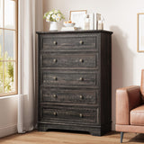 Garvee Farmhouse 5 Drawer Dresser for Bedroom - Vertical Chest Cabinet with Generous Storage - Tall Organizer for Living Room or Hallway - Vintage Oak Gray - Color: Vintage Oak Gray - Dark Oak