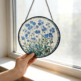 Garvee Forget-Me-Not Suncatcher for Window & Garden Decor, 7.9 in Round Blue Stained Glass Hanging with Metal Chain, Gift Box and Hook