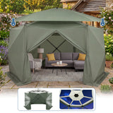 Garvee Screen Gazebo Tent, 13 x 13 FT 6-Sided Canopy for 8-10 People with 7.5 FT Height, Removable Wind Cloth and Carry Bag for Backyard Camping, Green and Gray - 