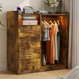 Garvee Dresser with Hanging Rack for Bedroom, 4 Drawer Dresser with LED Lights & Charging Station, Large Dressers & Chest of Drawers, Storage Organizer with Open Shelves for Living Room, Brown - Brown