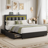 Garvee PU Leather Platform Bed Frame with 4 Storage Drawers – Adjustable Headboard, LED Lights, Charging Station, Noise-Free, Easy Assembly – Full, Black - Black