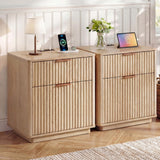 Garvee Fluted Nightstand Set of 2 with Charging Station, 23'' Mid Century Nightstand with 2 Drawers, Modern End Table for Bedroom Living Room, Curved Profile, Oak - Oak