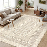 Garvee Washable 5x7 Area Rug for Living Room, Soft Non Slip Bordered Bedroom Rugs, Large Low Pile Stain Resistant Vintage Accent Rugs for Farmhouse Dining Room Office Home Decor, Beige - Beige