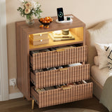 Garvee 3 Drawers Dresser for Bedroom, 28" w Wooden Dresser with LED Lights and Charging Station, Fluted Wood TV Stand with Gold Handle, Modern Chest of Dressers for Closet, Living Room, Hallway, Walnut - Walnut