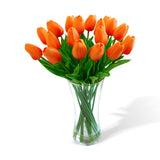 Garvee Real Touch Orange Artificial Tulips in Glass Vase – 20 Lifelike Silk Flowers, Faux Water, Modern Home Table Centerpiece, Maintenance-Free – Vase 10cm x 20cm, Total Height 38cm, Orange Color
