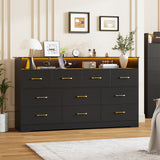 Garvee 10 Drawer Dresser for Bedroom, 65" Wide Chest of Drawers with Large Storage Space and Charging Station, Modern Organizer Cabinet with Open Shelf Table for Living Room, Hallway, Black - Black