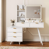 Garvee Modern Makeup Vanity Desk with Lighted Mirror, 5 Drawers, Power Outlet, Storage Shelves, Wave Panel, 3-Color LED Lighting – Bedroom Dressing Table - White - White