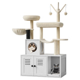 Garvee 55-Inch Litter Box Enclosure with Cat Tree, 2-in-1 Modern Large Cat Tower for Indoor Cats with Condo/Hammock/Scratching Post/Plush Perch/Caves, Wooden Hidden Litter Box Furniture, White - Beige