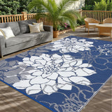 Garvee Outdoor Rug 9x12 Reversible Modern Floral Waterproof Washable Polypropylene Slip-Resistant Stakes Included Patio Deck Garden - Navy Blue