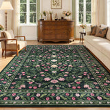 Garvee Washable Area Rug for Living Room - Soft Low Pile Non-Slip Carpet - Elegant Floral Design - Ideal for Bedroom & Dining Room - Dark Green, 8x10ft - Dark Green