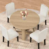 Garvee Space-Saving 43.3" Round Dining Table Set – 4 Beige Upholstered High Back Chairs – Wooden Pedestal Base – Storage Shelf – Natural Wood Finish – Original Wood Table + 4 Beige Chairs - Natural+Beige