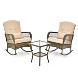 Garvee 3-Piece Rattan Patio Rocking Chair Set with Cushions, 2-Tier Glass Table for Porch, Balcony, Garden - Beige