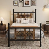 Garvee Twin Size Bed Frame with Headboard and Footboard, Metal Twin Bed Frame w/ Vintage Circular Design & Storage Space Under Bed, No Box Spring Required, Easy Assembly, Noise-Free (Brown, Twin) - Flame Pattern