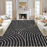 Garvee 5' x 7' Easy Jute Indoor Outdoor Area Rug, Geometric Wave Border Washable Non-Slip Ultra-Thin Faux Jute Rug for Living Room & Patio, Black - Black