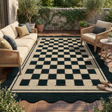 Garvee Scalloped Jute Area Rug - Washable Checkered Design - Easy-Clean Non-Slip Carpet for Living Room, Bedroom, Office, Patio, Entryway - Indoor Outdoor - Black, 5x7ft - Black