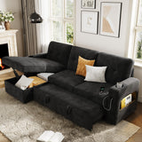 Garvee Modular Sofa with Storage, 84" Sleeper Sofa Bed Sectional Cloud Couch, L-Shaped Corduroy Fabric Couch with USB Charging & Cup Holder for Living Room, Apartment, Office, Black