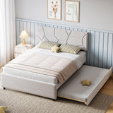 Garvee Full Size Bed Frame with Trundle, Upholstered Platform Bed Frame with Headboard, Trundle Bed Twin, Wood Slat Support, for Bedroom, Living Room, Guest Room - White