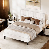 Garvee Modern Soft Platform Bed Set - Queen Size, Vertical Channel Tufted Wingback Headboard, Wooden Slats, No Box Spring Needed, Easy Assembly, Bedroom Furniture, White - Beige