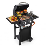 Garvee 2-Burner Propane Gas Grill – 16,000 BTU Matte Black BBQ Cart Grill with Cast Iron Grates, Foldable Side Tables, Built-in Thermometer & Warming Rack for Patio, Tailgating, Camping