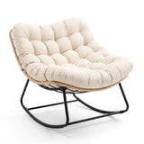Garvee Rocking Chair with Thick Cushion,450 LBS Capacity, Heavy Duty Metal Frame Patio Rocker, Curved Leg Wicker Rattan Armchair for Indoor Outdoor Lounge Decking, Gray - Beige|Without Side Pocket
