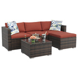 Garvee 5 Piece PE Rattan Patio Sectional Sofa Set with Ottoman, Tempered Glass Table & Wine Red Cushions - Brown / Wine Red