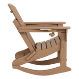 Garvee HDPE Folding Adirondack Rocking Chair, 380 lbs Patio Chair with Retractable Ottoman for Deck & Fire Pit, Cup Holders & Wood Texture, Brown - Brown