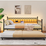 Garvee Daybed with Trundle, Metal Twin Trundle Bed with Charging Station & LED Lights, Sofa Beds Frame with Pull Out Bed for Living Room, Guest Room, Apartment, Small Spaces, Black - Black|Daybed with Trundle