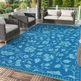 Garvee Outdoor Rug 6x9 Waterproof Reversible Floral Print Foldable Plastic Straw Durable UV Resistant Patio Deck Balcony Beach - Dark Blue