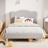 Garvee Upholstered Twin Bed Frame for Kids - Scallop or Crown Headboard, Soft Velvet Sherpa Fleece, Sturdy Wooden Slats, Noise-Free, No Box Spring Needed, Easy Assembly - Light Gray, TWIN - Gray