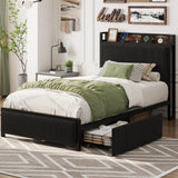 Garvee Upholstered Twin Bed Frame with Storage Drawers & Charging Station – Storage Headboard – No Box Spring Needed – Noise-Free – Easy Assembly – Black, TWIN Size - Black