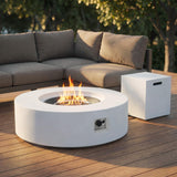 Garvee Propane Fire Pit Table, 48-Inch Round White Concrete Table with 50,000 BTU Burner, 304 Stainless Steel Fire Bowl, Lid and Lava Rocks for Patio - 白色（含盖子）