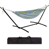 Garvee 2-Person Double Hammock with Stand, 450 LBS Capacity, Portable Steel Frame, Quilted Pad, Pillow & Carry Bag for Patio, Backyard, Camping & Beach - Blue Green Stripes
