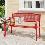 Garvee 50" Outdoor Metal Garden Bench, Weather-Resistant Steel Patio Bench with Curved Backrest, Decorative Pattern Bench for Porch, Yard, Park, Deck & Backyard, Red