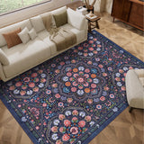 Garvee 10' x 13' Dark Blue Vintage Mandala Floral Area Rug, Washable Non-Slip Low-Pile Carpet for Living Room, Bedroom and Dining Room - Dark Blue