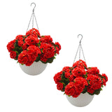Garvee Artificial Geranium Hanging Basket Set – 2 White Fiber Planters with 12 Silk Red Flowers – Durable Faux Floral Arrangement for Outdoor Porch, Patio, Garden, Indoor Home Decor – Variant: Red