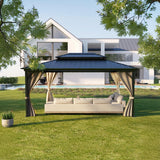 Garvee Hardtop Gazebo, 12 x 16 FT Khaki Permanent Pavilion with Double Metal Roof, Aluminum Alloy Frame, Netting and Curtains for Patio and Backyard