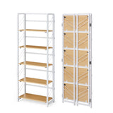Garvee No-Assembly Folding Office Bookshelf - 5-Tier Space-Saving Industrial Bookcase - Sturdy White Metal Frame & Natural Wood Shelves - Mark-Resistant, Collapsible Storage Rack - White Frame Natural Wood, 5 Layers - White+Beige