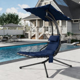 Garvee Hanging Chaise Lounge Swing for Backyard & Poolside, Curved Steel Frame Patio Lounger with Canopy, Pillow, Cushion and Navy Blue Fabric