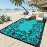 Garvee Waterproof Reversible Outdoor Rug 8x10ft - Large Plastic Straw Area Mat for Patio, Deck, RV, Camping, Balcony, Backyard - Easy Clean, Weather Resistant, Floral Butterfly Design - Teal/Black - Teal