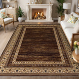 Garvee 10' x 13' Reddish Brown Vintage Floral Bordered Area Rug, Washable Polyester Non-Slip Low-Pile Carpet for Living Room, Bedroom and Dining Room - Reddish Brown