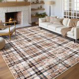 Garvee 10' × 13' Washable Tartan Plaid Area Rug, Soft Non-Slip Low-Pile Stain-Resistant Non-Shedding Rug for Living Room, Bedroom and Nursery, Camel - Beige Brown